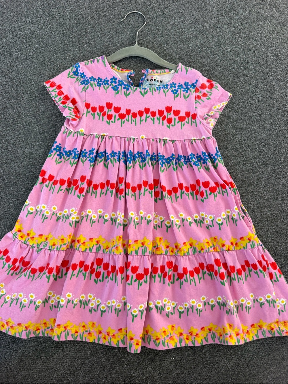 Mini Boden Pink Floral Tiered Cotton Dress with Multicolor Blooms